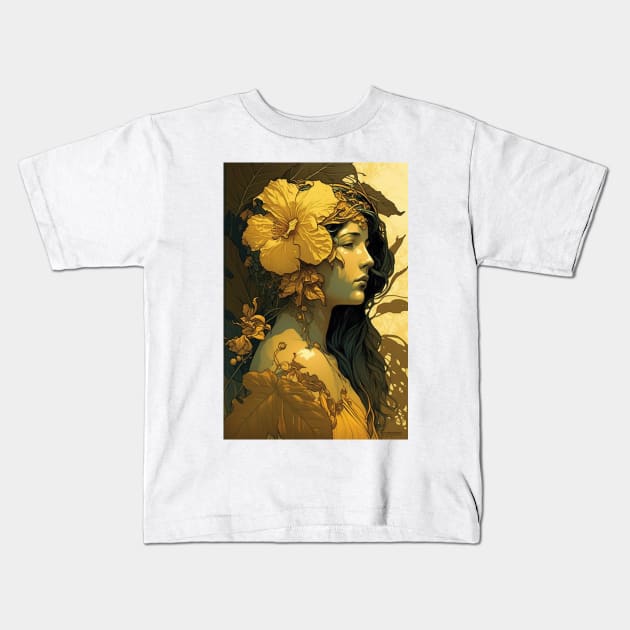 Hawaiian Woman With Yellow Hibiscus Kids T-Shirt by ArtNouveauChic